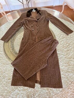 VTG Farouche by Lori Weidner Brown Pant Suit Faux Fur Collar Double Breasted 8